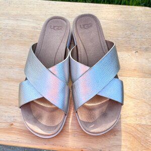 UGG Kari Metallic Criss Cross Leather Slide Sandals Size 9